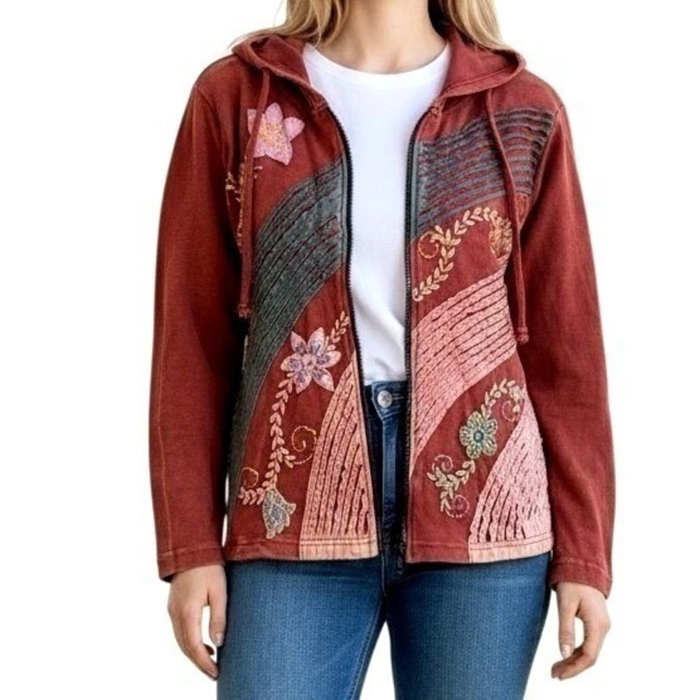 The Collection Royal Burgundy Floral Embroidered Patchwork Zip Up Hoodie Small